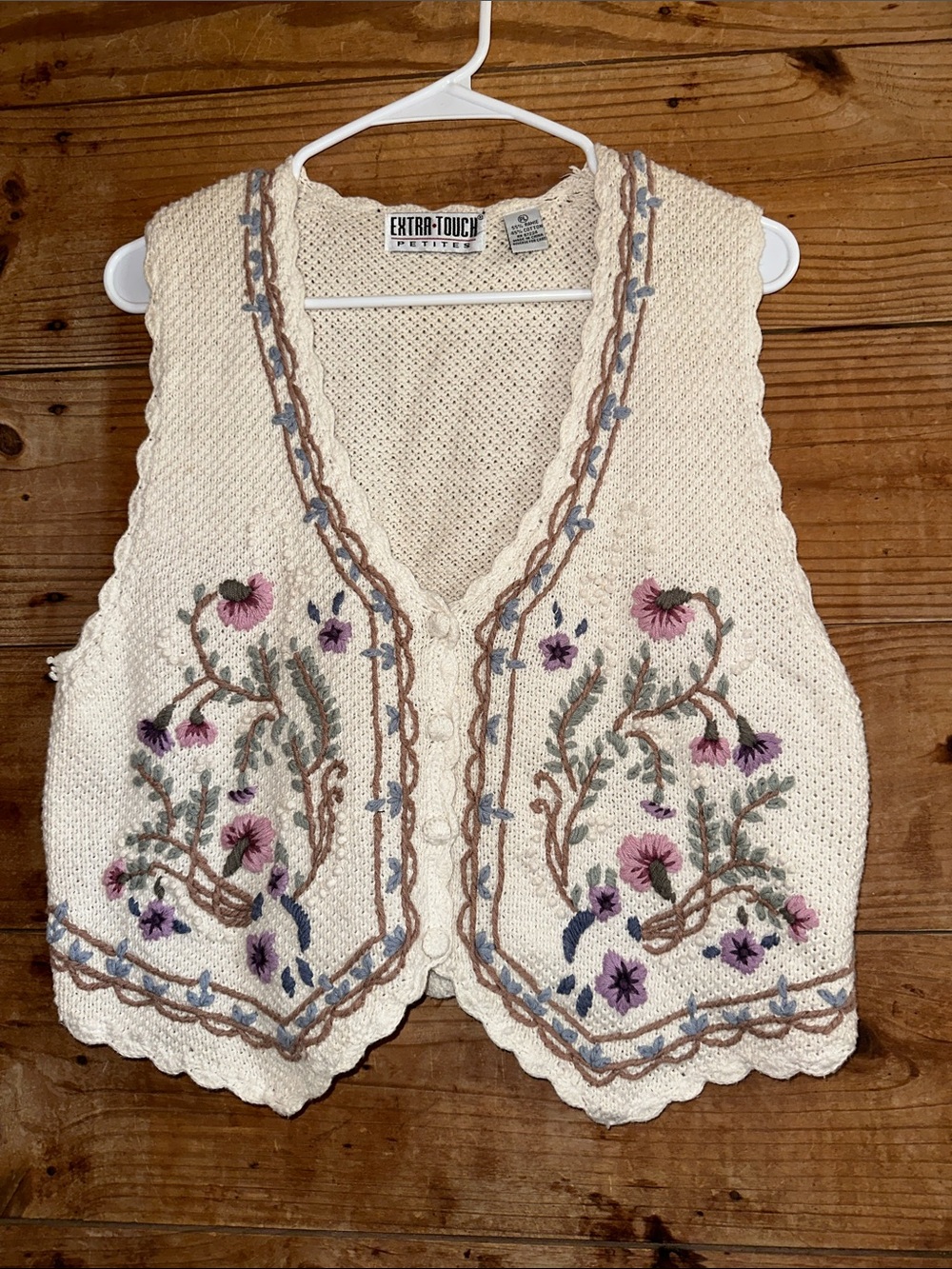 Extra Touch Cream Crochet Vest with Pink & Purple Floral Embroidery